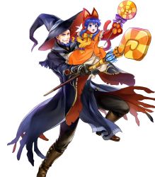Rule 34 | 1boy, 1girl, alternate costume, animal hands, animal hat, beard, belt, blue eyes, blue hair, boots, bow, candy, carrying, cat hat, cat paws, cat tail, facial hair, father and daughter, fire emblem, fire emblem: the blazing blade, fire emblem heroes, food, full body, gloves, halloween, halloween costume, hat, hector (fire emblem), hector (halloween) (fire emblem), highres, lilina (fire emblem), long hair, nintendo, official art, open mouth, pumpkin, staff, tail, teeth, transparent background, wada sachiko, witch hat