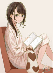 Rule 34 | 1girl, absurdres, animal, barefoot, book, braid, brown eyes, brown hair, cat, closed mouth, collared shirt, commentary request, dated, glasses, hair over shoulder, highres, holding, holding book, knees up, long hair, long shirt, long sleeves, looking at viewer, loungewear, open book, original, petting, sako (35s 00), shirt, sidelocks, signature, single braid, sitting, smile, solo, striped clothes, striped shirt, white shirt, wing collar, yellow-framed eyewear