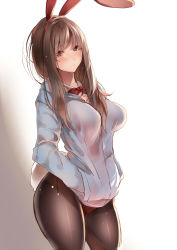 Rule 34 | amane ruri, animal ears, black pantyhose, bow, bowtie, breasts, brown hair, closed mouth, commentary, cowboy shot, fake animal ears, hands in pockets, highres, hood, hood down, hooded jacket, jacket, large breasts, leotard, leotard under clothes, long hair, looking at viewer, original, pantyhose, playboy bunny, rabbit ears, rabbit tail, red bow, red bowtie, red leotard, sidelocks, simple background, solo, standing, tail, white jacket