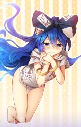 Rule 34 | 1girl, bare legs, barefoot, blue bow, blue eyes, blue hair, blush, bow, bracelet, chima q, embarrassed, full body, grey hoodie, hair between eyes, hair bow, highres, hood, hoodie, jewelry, long hair, no pants, outline, own hands clasped, own hands together, panties, solo, tears, thigh gap, thighs, touhou, underwear, very long hair, wavy mouth, white background, white outline, white panties, yellow background, yorigami shion