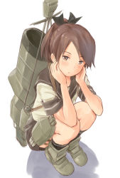 Rule 34 | 10s, 1girl, brown eyes, brown hair, hands on own cheeks, hands on own face, highres, kantai collection, long hair, looking at viewer, mecha musume, pleated skirt, ponytail, school uniform, serafuku, shikinami (kancolle), skirt, solo, wa (genryusui)