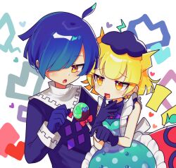 Rule 34 | 1boy, 1girl, absurdres, black gloves, blonde hair, blue hair, brown eyes, candy, food, gloves, hair over one eye, heart, highres, holding, holding candy, holding food, holding lollipop, lollipop, long sleeves, looking at another, marle (puyopuyo), offbeat, open mouth, puyopuyo, puyopuyo tetris, short hair, squares (puyopuyo)
