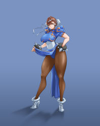 Rule 34 | 1girl, absurdres, blue background, blue dress, boots, bracelet, breasts, brown pantyhose, bun cover, capcom, china dress, chinese clothes, chun-li, cross-laced footwear, double bun, dress, eyeshadow, full body, hair bun, highres, huge breasts, ishu (ljcwer), jewelry, lips, makeup, pantyhose, pelvic curtain, puffy short sleeves, puffy sleeves, sash, short sleeves, side slit, solo, spiked bracelet, spikes, street fighter, white footwear