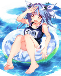 Rule 34 | 10s, 1girl, :d, afloat, bad id, bad nicoseiga id, barefoot, blue hair, blush, breasts, fang, feet, full body, hair ribbon, i-19 (kancolle), innertube, kantai collection, long hair, name tag, one-piece swimsuit, open mouth, red eyes, ribbon, school swimsuit, shading eyes, smile, solo, star-shaped pupils, star (symbol), sushikuugo (suisen), swim ring, swimsuit, symbol-shaped pupils, toes, twintails