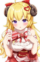 Rule 34 | 1girl, :o, absurdres, ahoge, alternate costume, animal ears, blonde hair, blush, bow, box, breasts, commentary request, floral print, fur-trimmed collar, fur trim, hair bow, hair ornament, heart, heart-shaped box, heart-shaped pupils, heart hair ornament, highres, hololive, horns, large breasts, long hair, looking at viewer, purple eyes, red brooch, rinkaa (lovelive765pro2), rose print, sheep ears, sheep girl, sheep horns, simple background, solo, symbol-shaped pupils, tsunomaki watame, upper body, virtual youtuber, white background