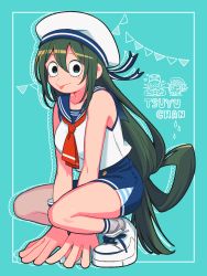 Rule 34 | 1girl, aqua background, asui tsuyu, black eyes, blush, boku no hero academia, collarbone, green hair, hands on floor, hat, highres, knees, long hair, looking at viewer, military, military uniform, mommorua, naval uniform, navy, shoes, shorts, simple background, sneakers, socks, solo, squatting, thighs, tongue, tongue out, uniform