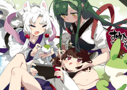 Rule 34 | 3girls, :d, animal ear fluff, animal ears, blue skirt, brown eyes, brown hair, closed eyes, closed mouth, commentary request, feet out of frame, food, green hair, green hairband, hairband, holding, holding food, japanese clothes, karei, kimono, knees up, long hair, long sleeves, lying, multiple girls, muneate, nintendo switch, on back, open mouth, parted bangs, pleated skirt, purple eyes, siblings, sisters, skirt, smile, touhoku itako, touhoku kiritan, touhoku zunko, twintails, very long hair, voiceroid, white hair, white kimono