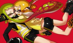 Rule 34 | 2girls, agent 3 (splatoon), agent 4 (splatoon), ankle boots, arms around neck, artist name, ass, bike shorts, black footwear, black shirt, black shorts, boots, colored tongue, commentary, fangs, gradient hair, green hair, green tongue, headgear, hero shot (splatoon), holding, holding weapon, inkling, inkling girl, inkling player character, jacket, jpeg artifacts, jumping, long hair, long sleeves, looking at another, looking at viewer, multicolored hair, multiple girls, nintendo, orange eyes, orange hair, red background, red eyes, red hair, shirt, shoes, short hair, shorts, signature, simple background, single vertical stripe, splatoon (series), splatoon 1, splatoon 2, sweatdrop, symbol-only commentary, tentacle hair, vest, weapon, wince, yellow footwear, yellow jacket, yellow tongue, yellow vest, yeneny