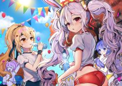 Rule 34 | 4girls, :d, ^ ^, ahoge, alternate costume, arm up, ass, autumn leaves, ayanami (azur lane), azur lane, bad id, bad pixiv id, balloon, blonde hair, blue buruma, blue sky, bottle, buruma, closed eyes, cloud, commentary request, contemporary, crop top, day, doll, festival, from behind, gym uniform, hair ornament, headband, headgear, highres, holding, holding bottle, holding doll, javelin (azur lane), laffey (azur lane), lens flare, lerome, long hair, looking at viewer, looking back, midriff, multiple girls, navel, open mouth, orange eyes, outdoors, parted lips, ponytail, purple eyes, purple hair, rabbit hair ornament, ramune, red buruma, red eyes, shirt, short sleeves, sidelocks, silver hair, sky, smile, sports festival, standing, stuffed animal, stuffed toy, stuffed winged unicorn, sun, sunlight, sweat, sweatband, tree, twintails, unicorn (azur lane), very long hair, water bottle, white shirt, wristband, yellow buruma