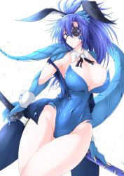 Rule 34 | 1girl, animal ears, annes (g (genesis1556)), bare legs, blue eyes, blue hair, blue leotard, breasts, claws, cleavage, closed mouth, detached collar, dragon girl, dragon horns, dragon tail, eyepatch, fake animal ears, g (genesis1556), groin, hair between eyes, highres, holding, holding sword, holding weapon, horns, large breasts, leotard, long hair, looking at viewer, monster girl, navel, original, playboy bunny, ponytail, rabbit ears, scabbard, scar, scar across eye, scar on face, sheath, sheathed, simple background, solo, standing, sword, tail, thighhighs, weapon, white background, wrist cuffs