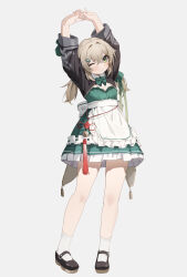 Rule 34 | 1girl, alternate costume, apron, arms up, black footwear, blush, breasts, cleavage, closed mouth, coria, crossed bangs, dress, duplicate, enmaided, frilled apron, frills, full body, green dress, green eyes, hair between eyes, highres, honkai: star rail, honkai (series), light brown hair, long hair, long sleeves, looking at viewer, low twintails, maid, one eye closed, own hands together, pixel-perfect duplicate, qingque (honkai: star rail), shoes, sidelocks, simple background, small breasts, smile, socks, solo, stretching, twintails, white apron, white background, white socks