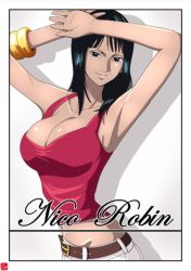 Rule 34 | 1girl, arms up, black hair, blue eyes, bracelet, breasts, character name, chris re5, cleavage, dark-skinned female, dark skin, female focus, jewelry, large breasts, navel, nico robin, one piece, smile, solo, source request, stomach