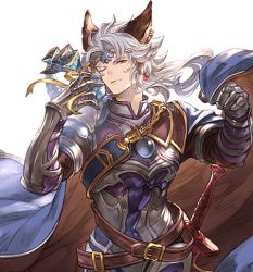 Rule 34 | 1boy, ;o, animal ears, armor, belt, blue cape, blue hair, cape, erune, gauntlets, gift, granblue fantasy, looking at viewer, male focus, minaba hideo, official art, one eye closed, seruel, solo, sword, transparent background, upper body, weapon, white day, yellow eyes