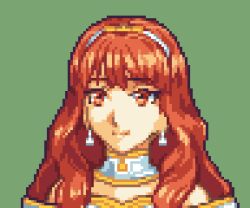 Rule 34 | 1girl, bare shoulders, celica (fire emblem), choker, commentary, dress, earrings, fire emblem, fire emblem echoes: shadows of valentia, glaceo, green background, hairband, jewelry, long hair, looking at viewer, lowres, nintendo, off-shoulder dress, off shoulder, orange eyes, pixel art, portrait, red hair, simple background, smile, solo, white choker