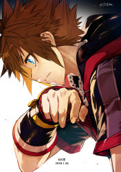 Rule 34 | 1boy, blue eyes, brown hair, chain, chain necklace, dated, fingerless gloves, from side, gloves, highres, jacket, kingdom hearts, morishita makoto, necklace, short hair, signature, solo, sora (kingdom hearts), spiked hair