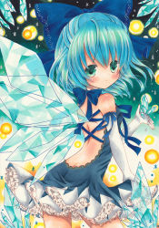 Rule 34 | 1girl, adapted costume, asa1014, bad id, bad pixiv id, blue eyes, blue hair, bow, cirno, hair bow, ice, ice wings, looking back, marker (medium), matching hair/eyes, sash, solo, touhou, traditional media, wings
