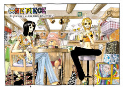 Rule 34 | 00s, 1boy, 2002, 2girls, bag, bare shoulders, black hair, black pants, border, box, cat, chair, color spread, copyright name, cover, cover page, crossed legs, denim, drinking, full body, glass, hat, highres, indoors, jeans, looking at viewer, midriff, multiple girls, nami (one piece), navel, nico robin, oda eiichirou, official art, one piece, orange hair, pants, pink hat, reindeer, shirt, short hair, sitting, sleeveless, spread legs, stomach, sunglasses, table, tank top, tony tony chopper, x (symbol)