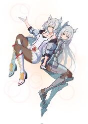 Rule 34 | 2girls, animal ear fluff, animal ears, armor, black bodysuit, bodysuit, boots, breasts, cat ears, cat girl, chest jewel, closed mouth, commentary, dated commentary, full body, grey hair, grey jacket, hehe jun, high heel boots, high heels, highres, holding hands, jacket, long hair, m (xenoblade), medium breasts, medium hair, midriff peek, mio (xenoblade), multiple girls, navel, open clothes, open jacket, open mouth, pantyhose, simple background, skirt, smile, white background, white footwear, white skirt, xenoblade chronicles (series), xenoblade chronicles 3, yellow eyes