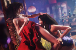 Rule 34 | 2girls, absurdres, aerith gainsborough, aerith gainsborough (red dress), against wall, black hair, blender (medium), blurry, blurry background, bracelet, brown hair, cleft of venus, clothes lift, cunnilingus, dress, dress lift, drill hair, final fantasy, final fantasy vii, final fantasy vii remake, flower, grabbing own breast, hair flower, hair ornament, hair ribbon, hand on another&#039;s head, highres, jewelry, leaning back, looking at another, multiple girls, official alternate costume, oral, purple dress, pussy, red dress, ribbon, son umbasa, tifa lockhart, tifa lockhart (refined dress), yuri