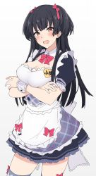 Rule 34 | 1girl, alternate costume, apron, bad id, bad twitter id, black hair, blush, breasts, brown eyes, cleavage, enmaided, frilled apron, frilled skirt, frilled thighhighs, frills, gradient background, hair ribbon, highres, idolmaster, idolmaster shiny colors, long hair, looking at viewer, maid, mayuzumi fuyuko, medium breasts, mobu, open mouth, ribbon, skirt, standing, thighhighs, two side up, wrist cuffs, zettai ryouiki