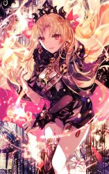 Rule 34 | 1girl, asymmetrical legwear, asymmetrical sleeves, birdcage, blonde hair, breasts, cage, cape, earrings, ereshkigal (fate), fate/grand order, fate (series), gold trim, highres, hoop earrings, infinity symbol, jewelry, long hair, long sleeves, looking at viewer, medium breasts, multicolored cape, multicolored clothes, open mouth, parted bangs, red eyes, rioka (southern blue sky), single sleeve, single thighhigh, skull, smile, solo, spine, thighhighs, thighs, tiara, two side up, uneven legwear, uneven sleeves, very long hair