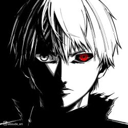 Rule 34 | 1boy, aboude art, artist name, black sclera, closed mouth, colored sclera, commentary, heterochromia, instagram logo, instagram username, kaneki ken, limited palette, looking at viewer, male focus, red eyes, short hair, signature, solo, spot color, tokyo ghoul, white hair