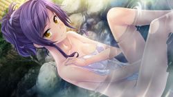 Rule 34 | 1girl, blush, breasts, collarbone, covering privates, dutch angle, erisaka mifuyu, game cg, legs, looking at viewer, nude, onsen, original, outdoors, partially submerged, ponytail, purple hair, sakura no mori dreamers, sitting, small breasts, smile, solo, steam, thighs, towel, water, wet, yamakaze ran, yellow eyes