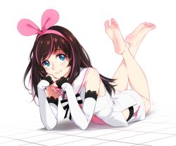 Rule 34 | arm warmers, bare shoulders, barefoot, blue eyes, feet, feguimel, hairband, head rest, kizuna ai, kizuna ai inc., lace, lace-trimmed sleeves, lace trim, looking at viewer, lying, on stomach, pink hairband, ribbon, short shorts, shorts, simple background, smile, soles, toes, virtual youtuber, white background