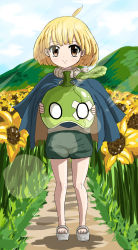 Rule 34 | 1girl, absurdres, ahoge, blonde hair, bob cut, cape, cloud, cloudy sky, commentary, dr. stone, english commentary, epicmilk, flower, food, fruit, full body, green shorts, highres, holding, holding food, holding fruit, jewelry, leaf, looking at viewer, mountain, necklace, outdoors, rope, rope necklace, sandals, short hair, shorts, sky, smile, solo, suika (dr. stone), sunflower, watermelon, yellow eyes