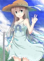 Rule 34 | 1girl, bad id, bad pixiv id, blue dress, brown hair, china dress, chinese clothes, dress, hat, highres, long hair, looking at viewer, open mouth, original, outdoors, shirotaso0818, solo, straw hat