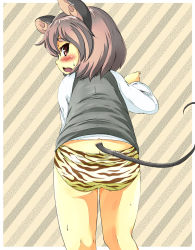 Rule 34 | 1girl, animal ears, animal print, ass, blush, butt crack, commentary request, grey hair, highres, long sleeves, mepikari, mouse ears, mouse tail, nazrin, no pants, open mouth, panties, pink eyes, shirt, solo, striped, striped background, tail, tiger print, touhou, underwear, vest