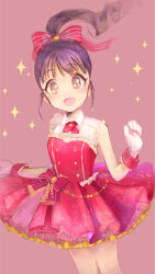 Rule 34 | 1girl, black hair, blush, breasts, dress, feet out of frame, fukuyama mai, gloves, highres, idol clothes, idolmaster, idolmaster cinderella girls, keemu, looking at viewer, petticoat, ponytail, red dress, sleeveless, sleeveless dress, small breasts, smile, solo, sparkle, white gloves