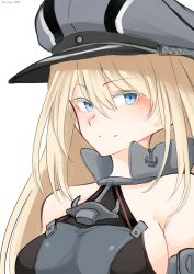 Rule 34 | 10eki (tenchou), 1girl, anchor, bismarck (kancolle), blonde hair, blue eyes, breasts, closed mouth, dress, hair between eyes, hat, highres, kantai collection, large breasts, looking at viewer, peaked cap, simple background, solo, white background