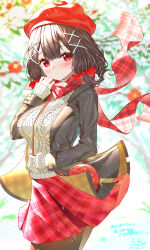 Rule 34 | 1girl, bag, black hair, blush, bow, bowtie, commission, handbag, highres, holding, holding clothes, holding scarf, kiramarukou, original, pleated skirt, red bow, red bowtie, red eyes, red headwear, red scarf, red skirt, scarf, short hair, skeb commission, skirt, star (symbol), winter clothes