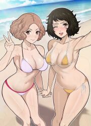 Rule 34 | 2girls, ;d, arm up, beach, bikini, black hair, blue sky, blush, breasts, brown eyes, brown hair, closed mouth, collarbone, commentary, day, english commentary, hand up, highres, kawakami sadayo, large breasts, lepypepy, medium breasts, multiple girls, navel, ocean, okumura haru, one eye closed, open mouth, outdoors, outstretched arm, persona, persona 5, pink bikini, revision, selfie, short hair, sky, smile, stomach, swimsuit, thighs, tongue, tongue out, v, yellow bikini