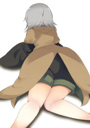 Rule 34 | 1other, all fours, androgynous, ass, black shirt, black shorts, coat, commentary request, from behind, grey hair, highres, houlen yabusame, layered sleeves, len&#039;en, long sleeves, medium hair, other focus, ougi hina, puffy short sleeves, puffy sleeves, shirt, short over long sleeves, short sleeves, shorts, simple background, solo, white background, yellow coat