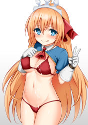 Rule 34 | 1girl, :q, ascot, bikini, blue eyes, cum, cum on body, cum on clothes, cum on upper body, gloves, gradient background, grey background, hair between eyes, hair ribbon, long hair, looking at viewer, navel, orange hair, pecorine (princess connect!), princess connect!, red ascot, red bikini, red ribbon, ribbon, solo, swimsuit, tiara, tongue, tongue out, toshishikisai, v, white background, white gloves