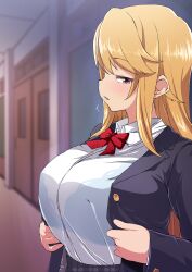 Rule 34 | 1girl, aged up, alternate breast size, black eyes, blazer, blush, bra, bra visible through clothes, breasts, cleavage, collared shirt, commentary request, hallway, highres, huge breasts, idolmaster, idolmaster cinderella girls, jacket, long hair, long sleeves, looking to the side, open clothes, open jacket, open mouth, orange hair, red ribbon, ribbon, school uniform, see-through, see-through shirt, shift (waage), shirt, sidelocks, skirt, solo, standing, tented shirt, underwear, white shirt, yuuki haru