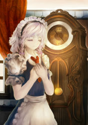 Rule 34 | 1girl, apron, bow, braid, clock, curtains, eyelashes, closed eyes, grandfather clock, hair bow, hands on own chest, indoors, izayoi sakuya, light smile, maid headdress, own hands together, puffy short sleeves, puffy sleeves, rappiihiroshi, ribbon, roman numeral, short hair, short sleeves, silver hair, skirt, skirt set, solo, touhou, twin braids, waist apron, window