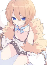 Rule 34 | 1girl, absurdres, bare shoulders, blanc (neptunia), blue eyes, brown hair, buran buta, closed mouth, commentary request, dress, expressionless, feet out of frame, fur trim, hair between eyes, highres, neptune (series), no headwear, no headwear, short hair, sitting, solo, white dress