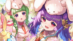 Rule 34 | 2girls, :d, :o, animal ears, animal hat, blunt bangs, blush, braid, carrot, choker, dot nose, easter, fake animal ears, female focus, fire emblem, fire emblem: the sacred stones, fire emblem awakening, fire emblem heroes, flower, green hair, hair flower, hair ornament, hat, highres, looking at viewer, multiple girls, myrrh (fire emblem), nah (fire emblem), nakabayashi zun, nintendo, official alternate costume, open mouth, outdoors, pointy ears, purple eyes, purple hair, rabbit ears, rabbit hat, red eyes, smile, twin braids, twintails