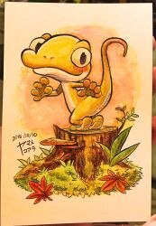 Rule 34 | 1boy, autumn leaves, black eyes, blush, closed mouth, commentary request, dated, furry, furry male, grass, highres, lizard, log, mushroom, nostrils, original, outdoors, paw pose, plant, signature, smile, standing, traditional media, yamato koara