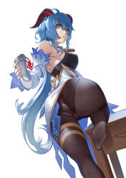 Rule 34 | 1girl, :o, ahoge, ass, bare shoulders, bell, black pantyhose, blue hair, bodystocking, breasts, commentary request, detached sleeves, dutch angle, feet, fingernails, flower knot, unworn footwear, ganyu (genshin impact), genshin impact, hair between eyes, highres, horns, large breasts, leg up, long hair, long sleeves, looking at viewer, looking back, nail polish, no shoes, open mouth, pantyhose, pink nails, red eyes, red ribbon, ribbon, shoes, unworn shoes, soles, solo, table, very long hair, white footwear, wooden table, yonoki