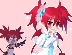 Rule 34 | 2girls, alternate costume, angry, asymmetrical footwear, bow, choker, demon girl, demon tail, demon wings, detached collar, detached sleeves, disgaea, disgaea rpg, dress, dual persona, earrings, elbow gloves, etna (disgaea), flat chest, gloves, hair bow, jewelry, layered sleeves, long hair, mismatched footwear, multiple girls, popped collar, red eyes, red hair, saint etna, short dress, slit pupils, solo, strapless, strapless dress, tail, tears, twintails, wings