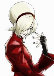 Rule 34 | 1boy, anagumasan, ash crimson, black nails, fingerless gloves, from side, gloves, highres, jacket, male focus, nail polish, one eye covered, red jacket, snk, solo, the king of fighters, upper body, white hair, zipper