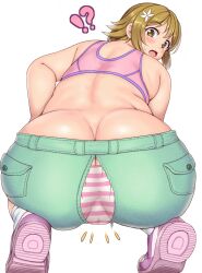 Rule 34 | !?, 1girl, ass, ass focus, bare shoulders, blush, brown eyes, brown hair, butt crack, cameltoe, commentary request, flower, from behind, full body, hair flower, hair ornament, highres, idolmaster, looking at viewer, looking back, median furrow, medium hair, mimura kanako, notice lines, open mouth, orizen, panties, pants, pink panties, plump, pocket, simple background, sleeveless, solo, squatting, striped clothes, striped panties, sweatdrop, tareme, thick arms, torn clothes, torn pants, underwear, white background