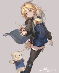 Rule 34 | 1girl, 8873206812, absurdres, arknights, black footwear, black jacket, black thighhighs, blonde hair, blue dress, breasts, brown eyes, dated, dress, grey background, head tilt, highres, jacket, long hair, long sleeves, medium breasts, open clothes, open jacket, parted bangs, pinecone (arknights), ponytail, puffy long sleeves, puffy sleeves, shoes, signature, simple background, sleeves past wrists, solo, stuffed animal, stuffed toy, sweater, teddy bear, thighhighs, turtleneck, turtleneck sweater, white sweater