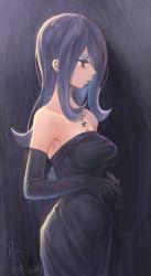 Rule 34 | 10s, 1girl, 2017, alternate costume, armpit peek, bare shoulders, black dress, black gloves, breasts, bright pupils, closed mouth, collarbone, dated, dress, elbow gloves, expressionless, eyelashes, eyeshadow, formal, from side, fukuroumori, gloves, gradient background, grey background, grey hair, hair over one eye, half-closed eyes, highres, jewelry, jitome, light, light purple hair, lips, little witch academia, long hair, looking away, looking down, makeup, medium breasts, neck, necklace, own hands together, pale skin, pendant, red eyes, signature, solo, strapless, strapless dress, sucy manbavaran, upper body
