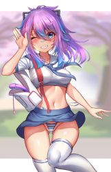 Rule 34 | 1girl, :d, bag, bandaid, bandaid on face, cameltoe, cleft of venus, dildo, hair between eyes, hair ornament, hair ribbon, handbag, highres, indie virtual youtuber, kaptivate, looking at viewer, melody (projektmelody), multicolored hair, navel, open mouth, outside border, panties, purple hair, ribbon, school uniform, sex toy, skindentation, smile, solo, striped clothes, striped panties, thighhighs, underwear, virtual youtuber, vshojo, wide hips