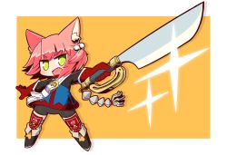 Rule 34 | 1girl, 7th dragon, 7th dragon (series), :d, animal ear fluff, animal ears, belt, belt buckle, bike shorts, black footwear, black shorts, blue jacket, blush, boots, brown background, buckle, cat ears, chibi, commentary request, fang, fighter (7th dragon), full body, gloves, green eyes, hair bobbles, hair ornament, harukara (7th dragon), highres, holding, holding sword, holding weapon, jacket, knee boots, long sleeves, naga u, one side up, open mouth, outstretched arms, pink hair, red gloves, short shorts, shorts, smile, solo, sparkle, striped clothes, striped thighhighs, sword, thighhighs, thighhighs under boots, two-tone background, v-shaped eyebrows, weapon, white background, white belt